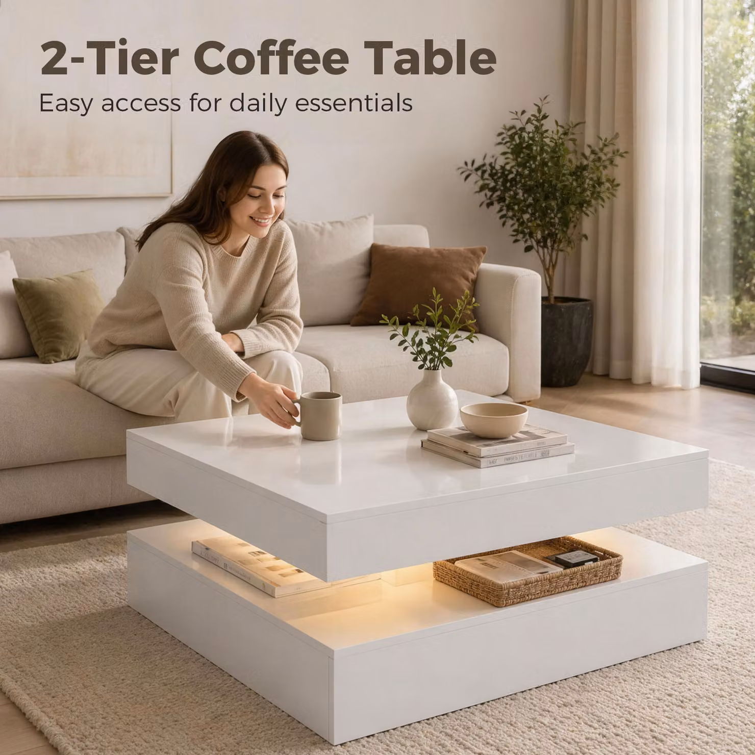 HOMCOM Modern LED Coffee Table with Storage and Open Shelf in High Gloss White – 5