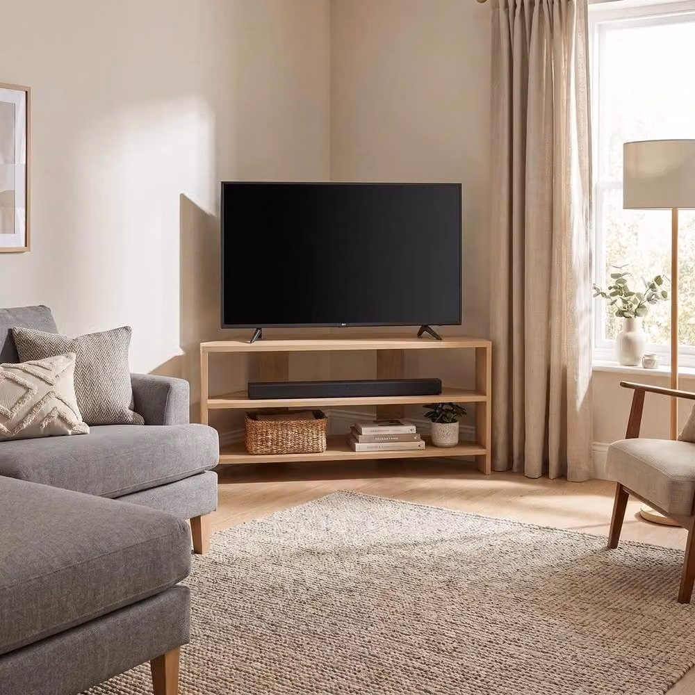 VOGREX Modern Oak Corner TV Unit with Two Tier Shelving in Beige, W/D/H: 45 x 36 x 110 cm – 2