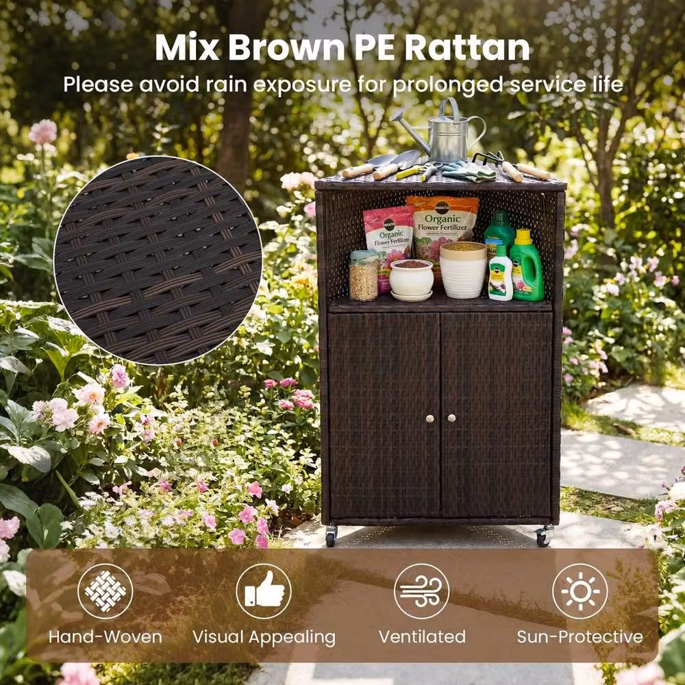 Kelvenix Brown PE Rattan Corner Bar Cart with Hinged Doors and Castors – 4