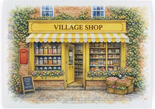 Purely Home Village Shop Rectangular Textured Glass Chopping Board and Worktop Protector in Yellow