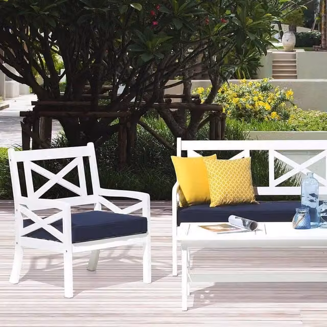 Wyld and Coco Maritime Acacia Wood Garden Chair with White and Blue Cushions and Armrests – 1
