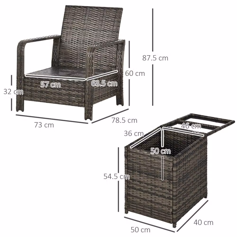 OUTSUNNY 3 Piece Grey PE Rattan Garden Sofa Set with 2 Chairs and Storage Table – 3