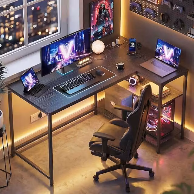 The Bazaarist L Shaped Corner Computer Desk with Power Outlets in Ebony Black