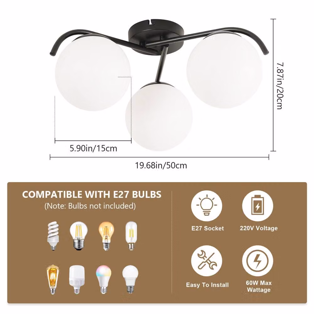 COMELY Mid Century 3-Light Glass and Metal Ceiling Chandelier in Black – 2