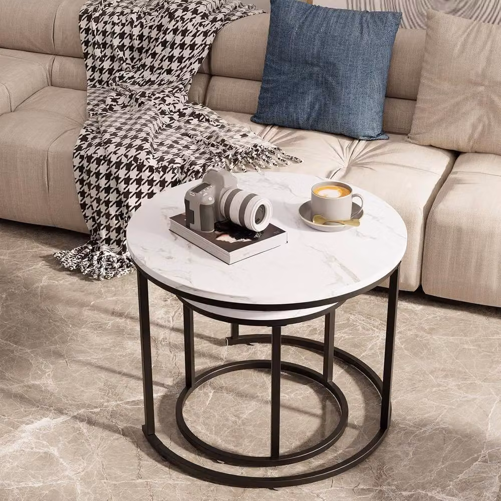 Huhote Set of 2 Round Nesting Side Tables with White Wood and Marble Finish Metal Frame – 4