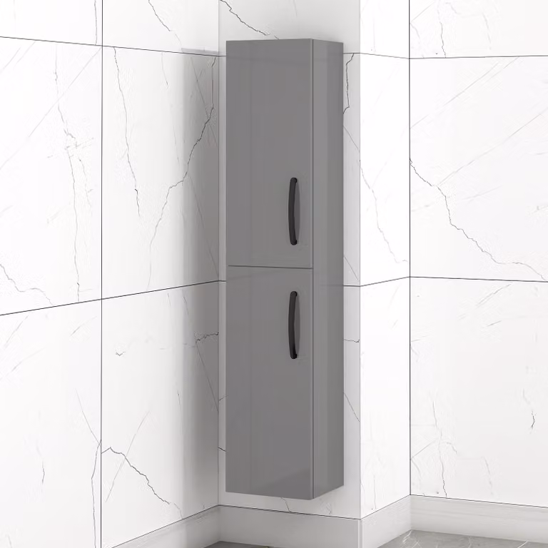 Royal Bathrooms Turin 2-Door Wall Hung Tall Boy Cabinet in Indigo Grey Gloss with Matt Black Handles, H 145 cm
