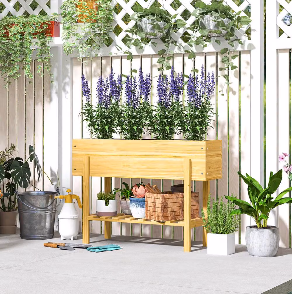 STILVORA Wooden Raised Planter with Shelf in Natural Brown, W: 100 cm, D: 30 cm, H: 35 cm – 2
