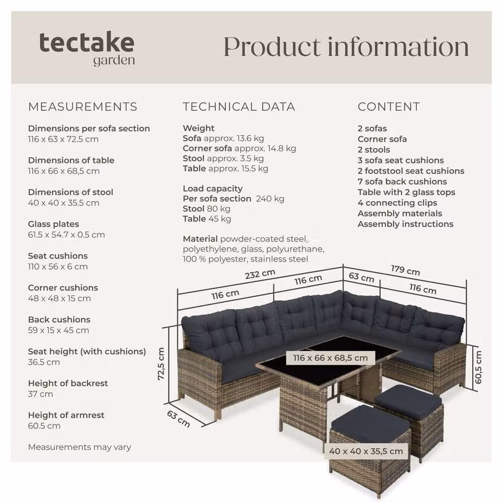 tectake 8 Seater Garden Furniture Set with Cushions, Footstools and Table in Natural and Beige – 6
