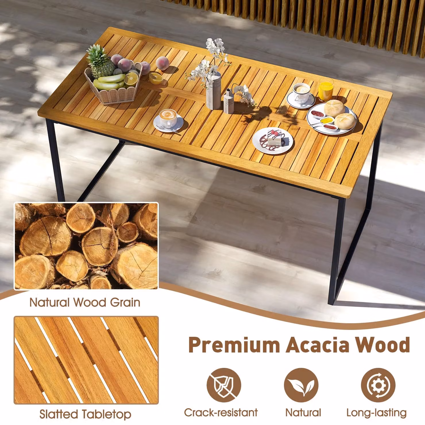 Gymax 6-Person Acacia Wood Dining Table with Umbrella Hole in Khaki, W/D: 140 x 70 cm – 3