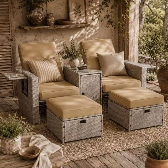 Wyld Haus Beige Rattan Garden Reclining Sun Lounger Set with Storage Table and Footstools – 1