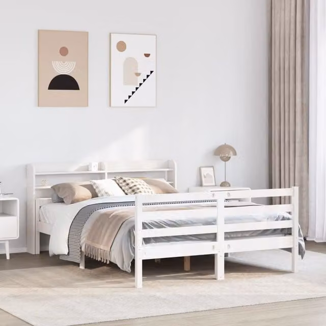 Berkfield Home Double Bed Frame with Headboard in White, W: 135 cm, L: 190 cm – 1