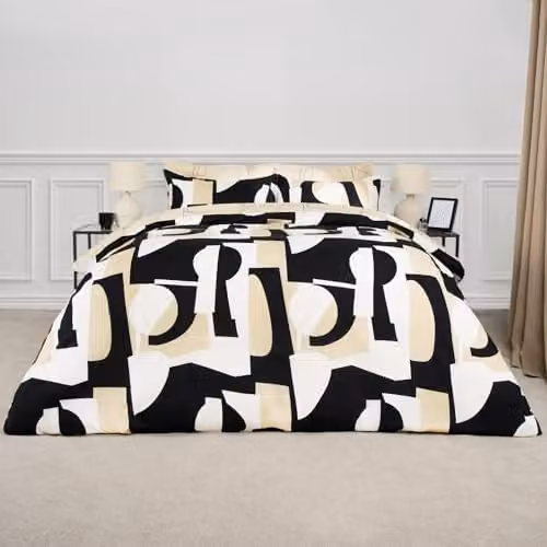 OHS Geo Shapes Double Bedding Set in Black and Beige, including Reversible Duvet Cover and Pillowcases – 1