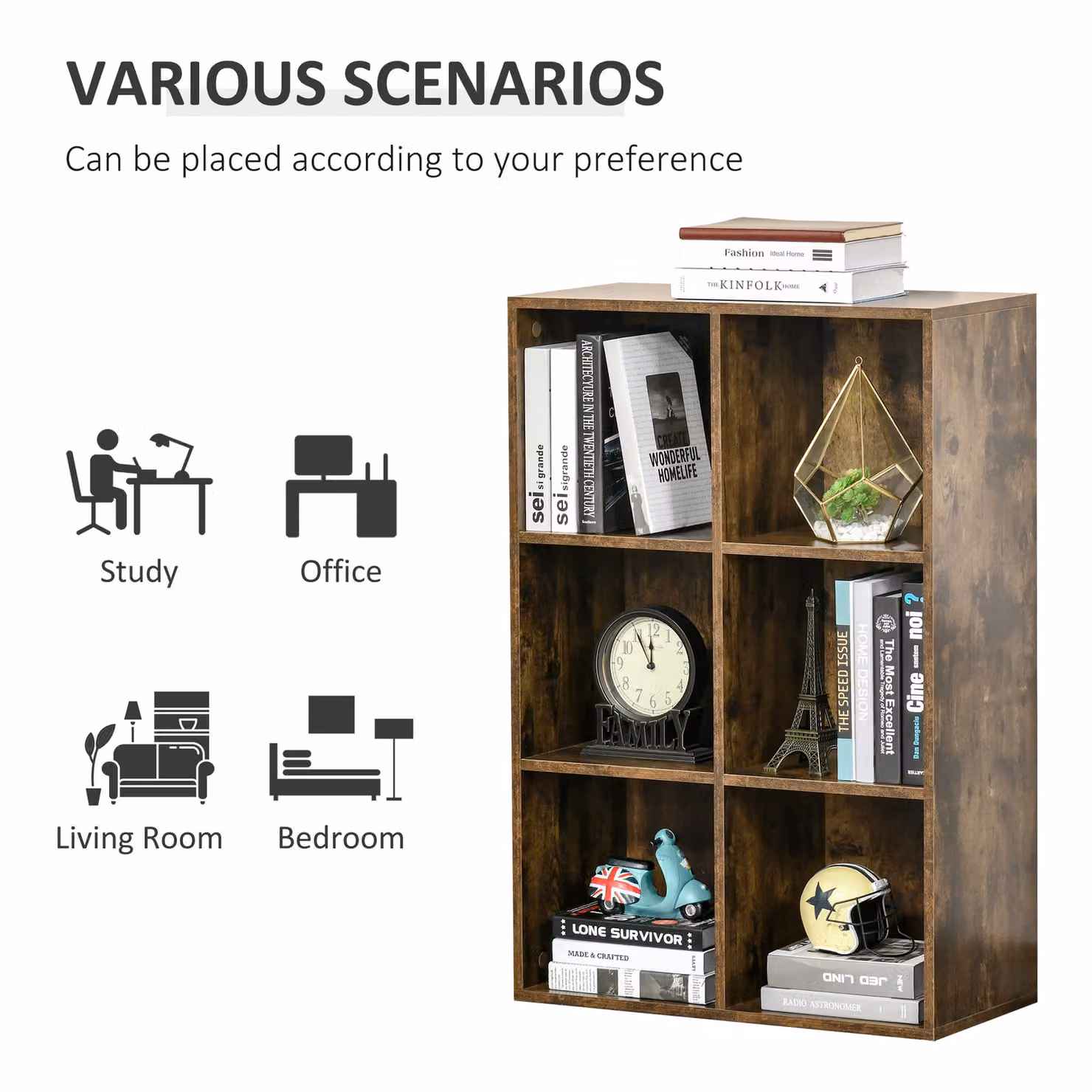 HOMCOM Solid Wood 3-Shelf Open Bookcase with Anti-toppling Device in Rustic Brown – 6