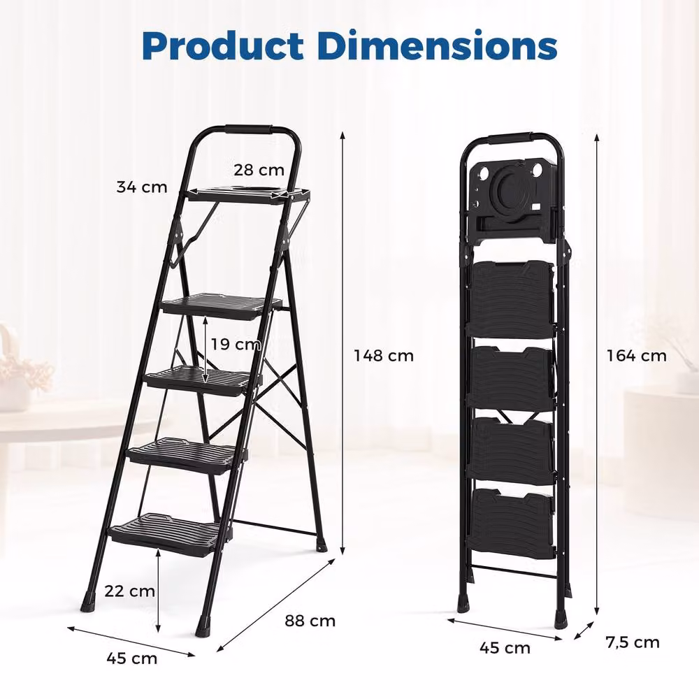 Gymax 4-Step Folding Metal Step Ladder with Tool Tray and Rubber Feet, Black – 2