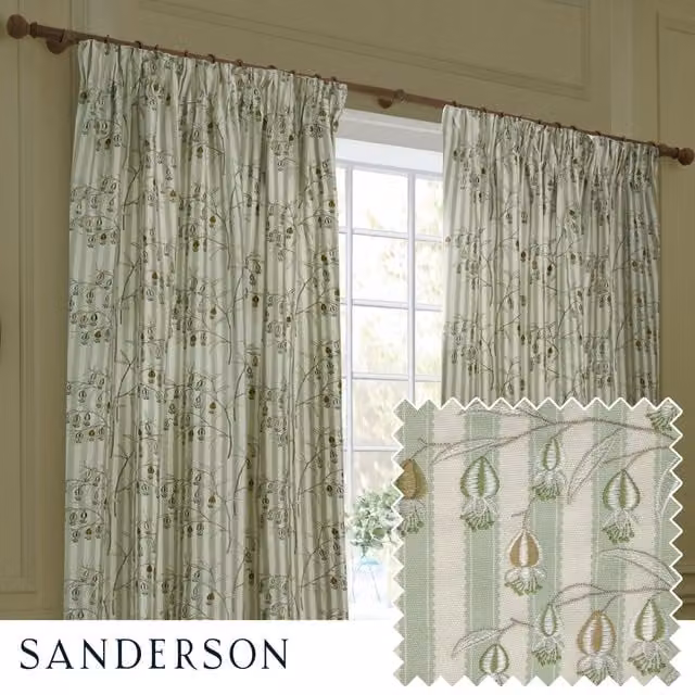 Sanderson Chinese Lanterns Embroidered Room Darkening Pencil Pleat Curtains in Green, Width: 168 cm, Drop: 229 cm – 1