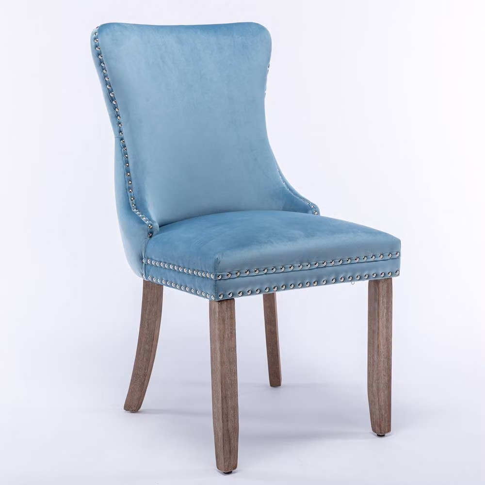 Modern Home Touch Sierra Lux Set of 4 Blue Velvet Tufted Wing Back Dining Chairs with Oak Wood Legs – 2