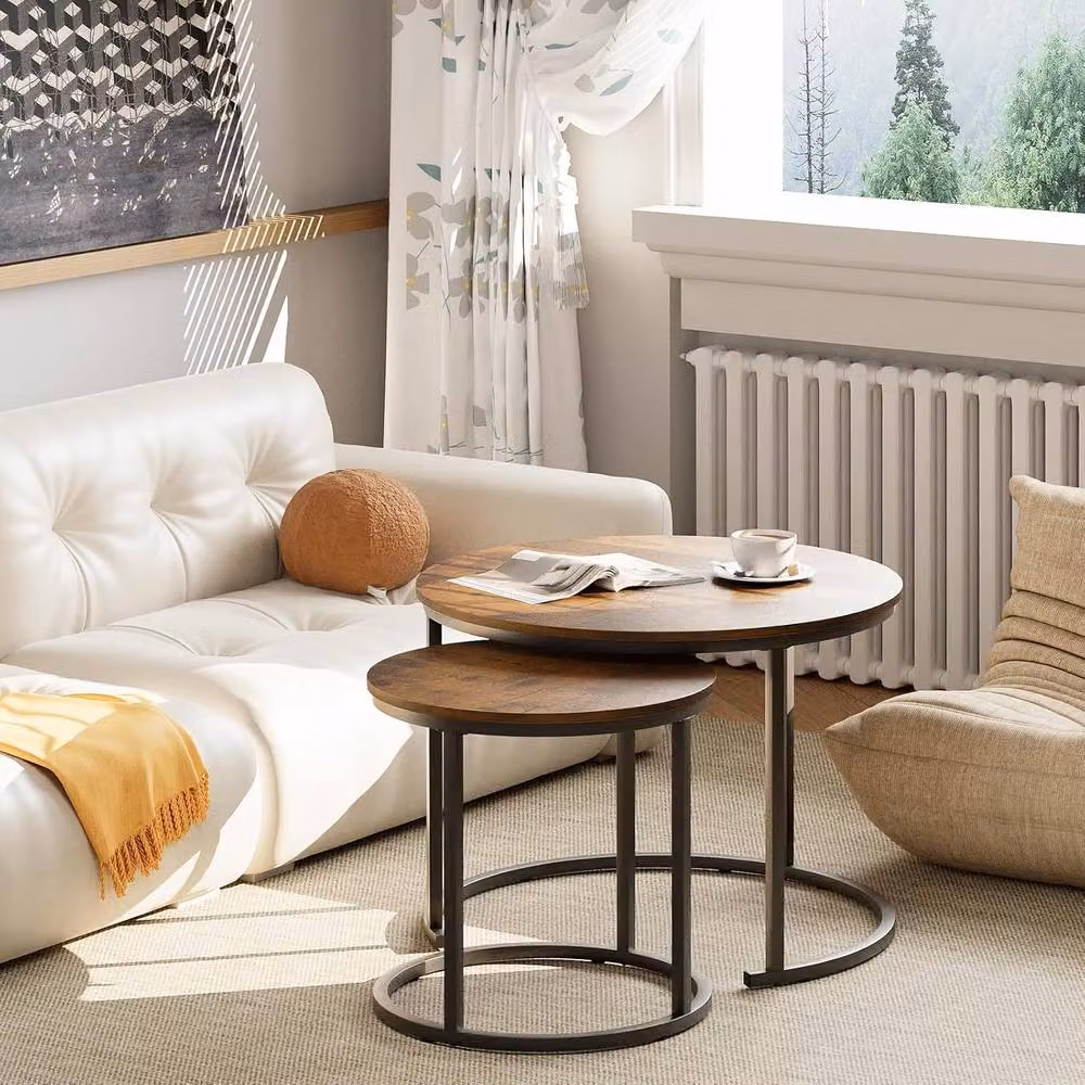 Huhote Set of 2 Round Nesting Side Tables with Brown Metal Frame – 4