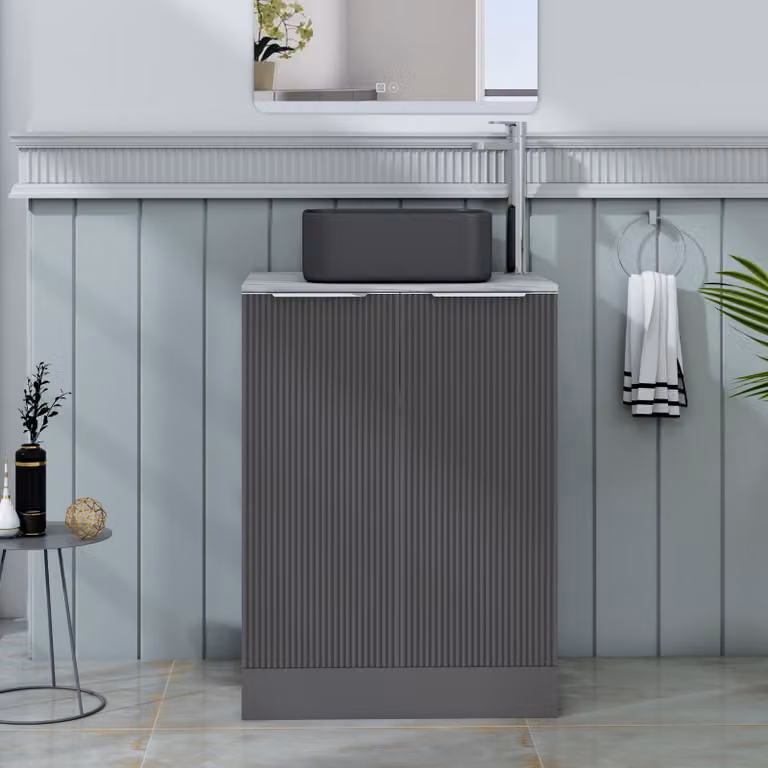 Royal Bathrooms Evora 600mm Graphite Grey Fluted Floor Standing Countertop Vanity Unit with 2 Soft Close Doors and Art Square Basin