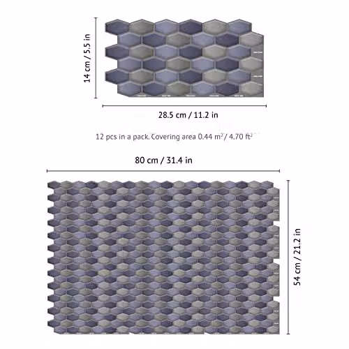 WALPLUS Self Adhesive Geometric Honeycomb Hexagon Wall Tile Stickers in Dark Blue and Grey, 12 Pieces, W: 28.5 cm, H: 14 cm – 4
