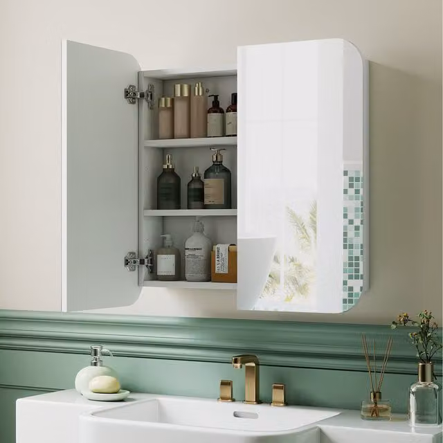 HOMCOM Wall Mounted Arched Bathroom Mirror Cabinet with Hinged Doors and Internal Shelves, White and Silver