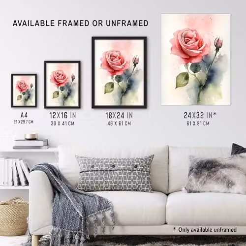 Artery8 Rose Bloom Flower Watercolour Wall Art Print, Green and Pink Floral Modern Paper Poster, W: 30.5 cm, H: 40.5 cm – 3