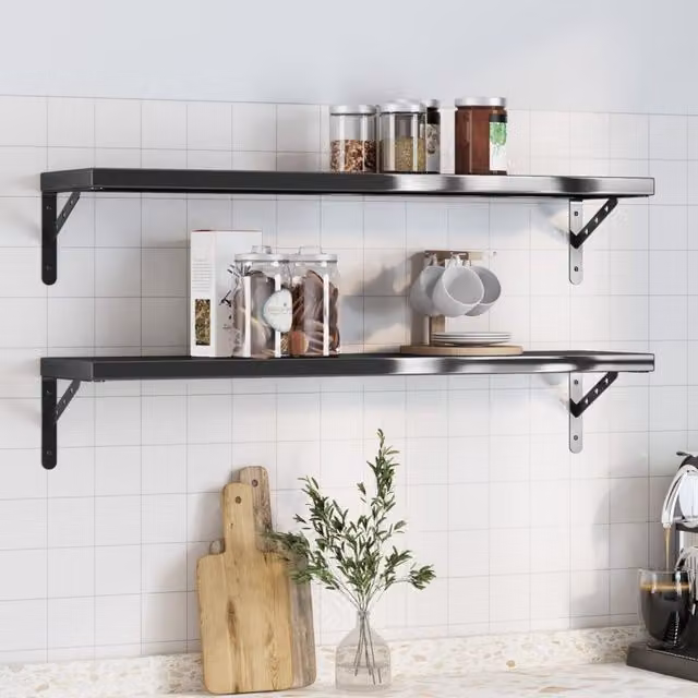 Berkfield Home Black Stainless Steel Wall Mounted Shelves, 2 Pack, W: 100 cm, D: 23.5 cm – 1