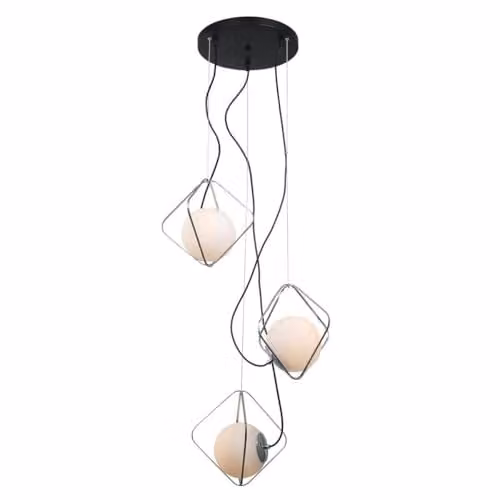 Italux Canto Modern Suspended Pendant Light in Chrome and Black with White Glass Shades, 3-Light, E27, Dimmable