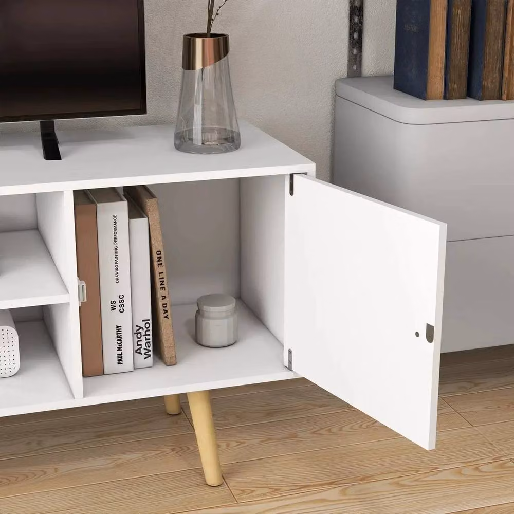 Hinsinc White Minimalist TV Unit with Doors, Shelves and Wooden Legs, W: 120 cm, D: 50 cm, H: 40 cm – 3