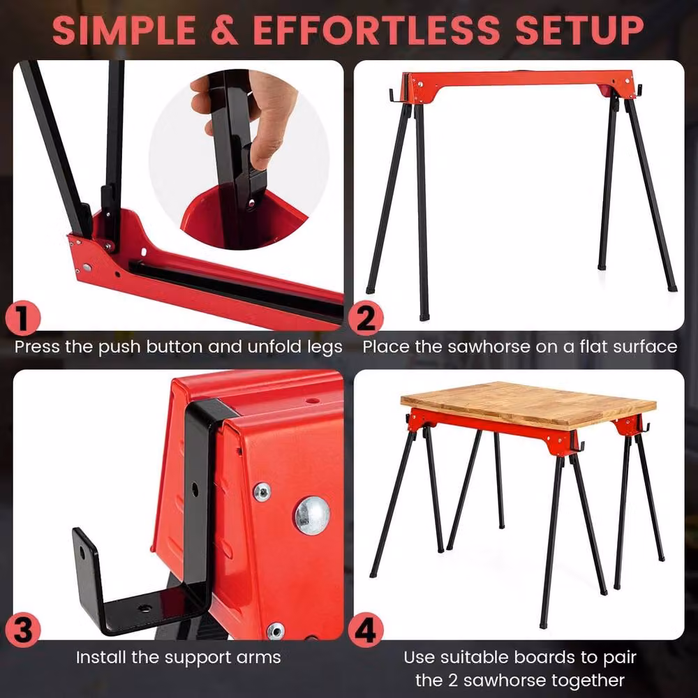 Havendro Red Metal Compact Folding Sawhorses, 2-Piece Set – 3