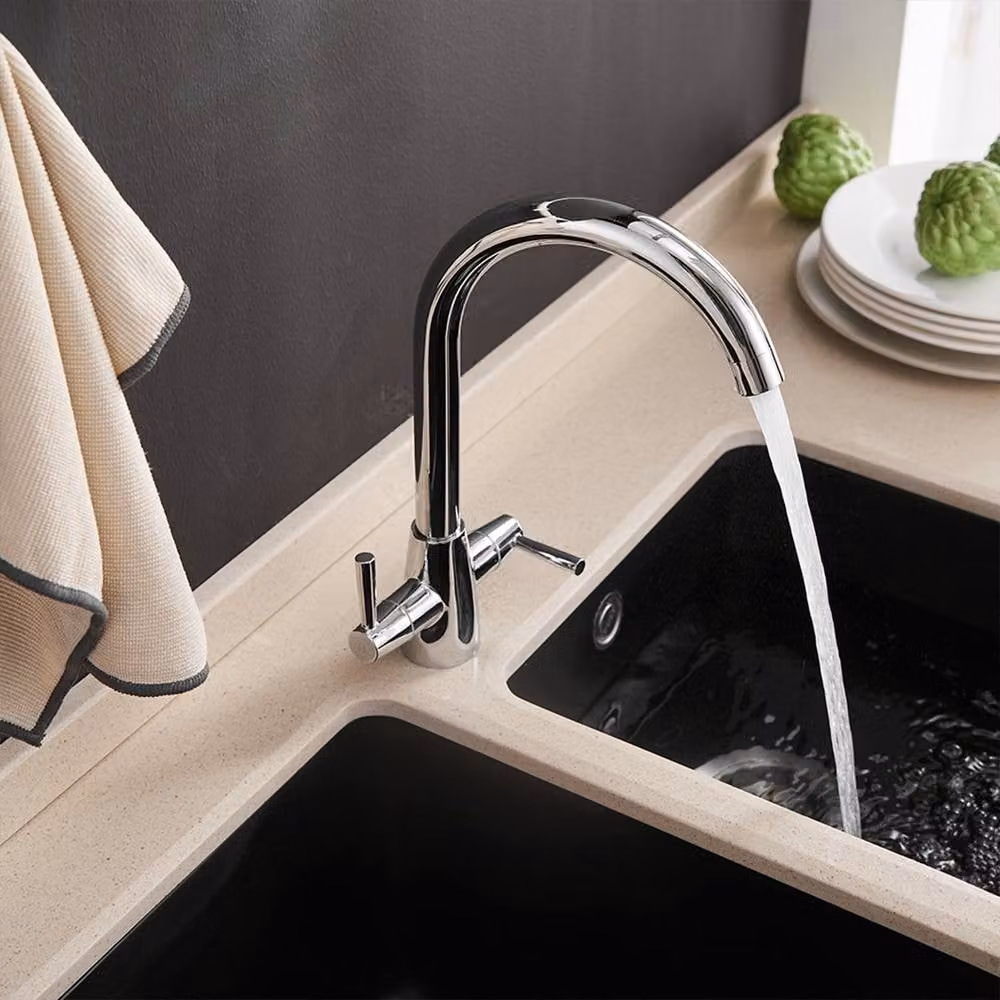Heable Sleek Dual Lever Kitchen Mixer Tap with Swivel Spout in Chrome Silver – 5