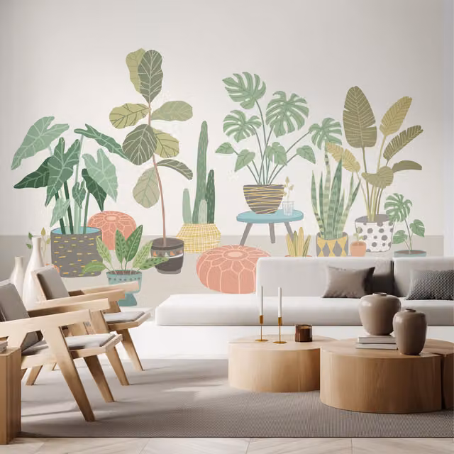 Origin Murals Modern Floral Houseplant Pots Wall Mural in Grey, Large