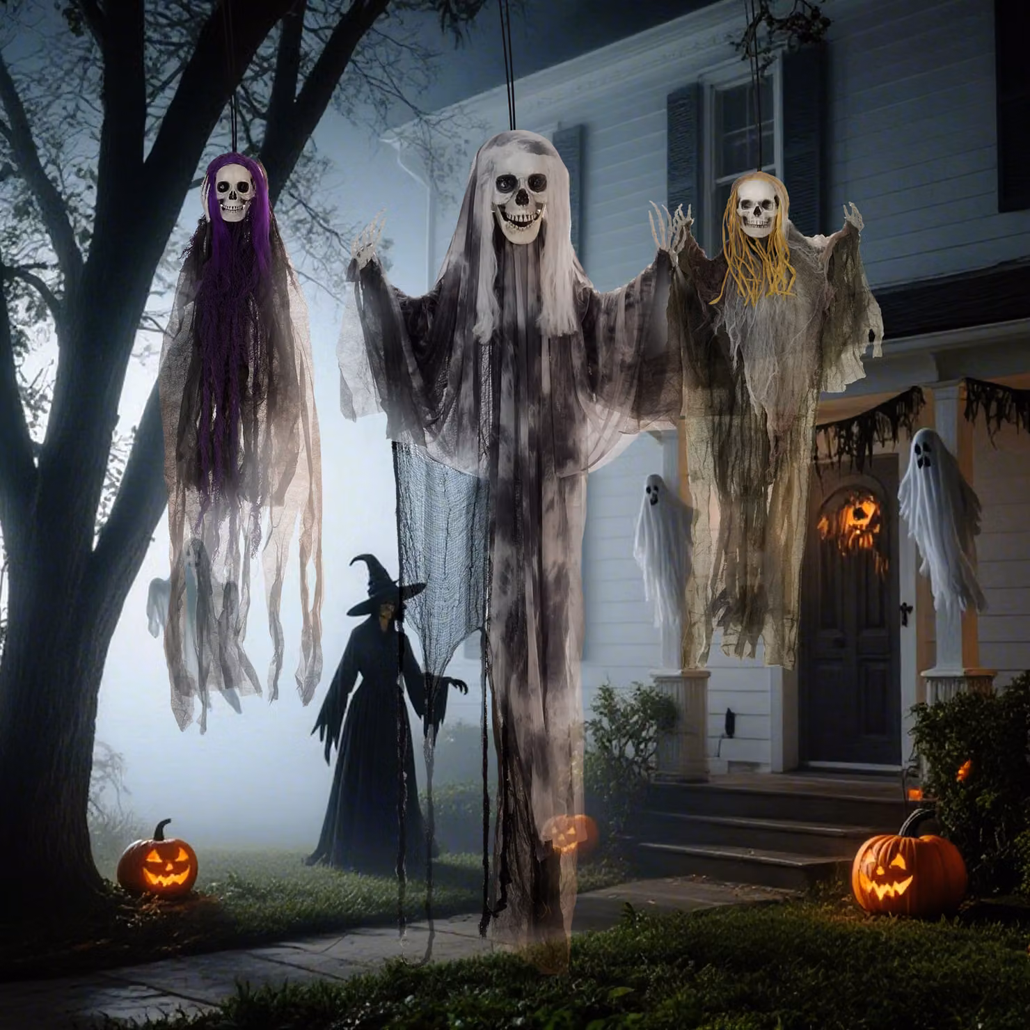 HOMCOM Set of 3 Hanging Skeleton Halloween Decorations, Scary Flying Ghosts for Garden and Party, H: 90 cm, 110 cm, 170 cm – 6
