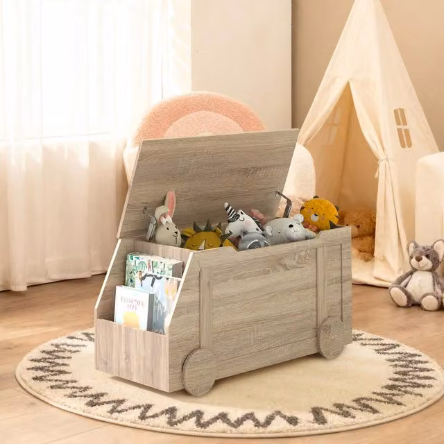 KEEPREAPER Wooden Toy Storage Box with Soft Close Lid and Castors in Brown – 1