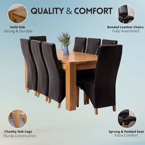 Thats Furniture Kuba Oak Dining Table and 8 Lola Black Leather Chairs Set, W: 180 cm, D: 90 cm, H: 78 cm – 2