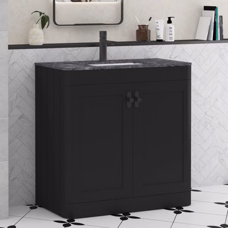 Royal Bathrooms Henley 800mm Matt Nocturne Black Floor Standing 2 Door Bathroom Vanity Unit with Undrilled Black Star Top and Matt Black Knob