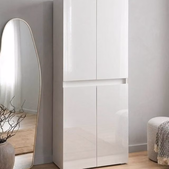 Wyld and Coco White Matt Hallway Shoe Storage Cabinet with 8 Shelves and Soft Close Hinged Doors
