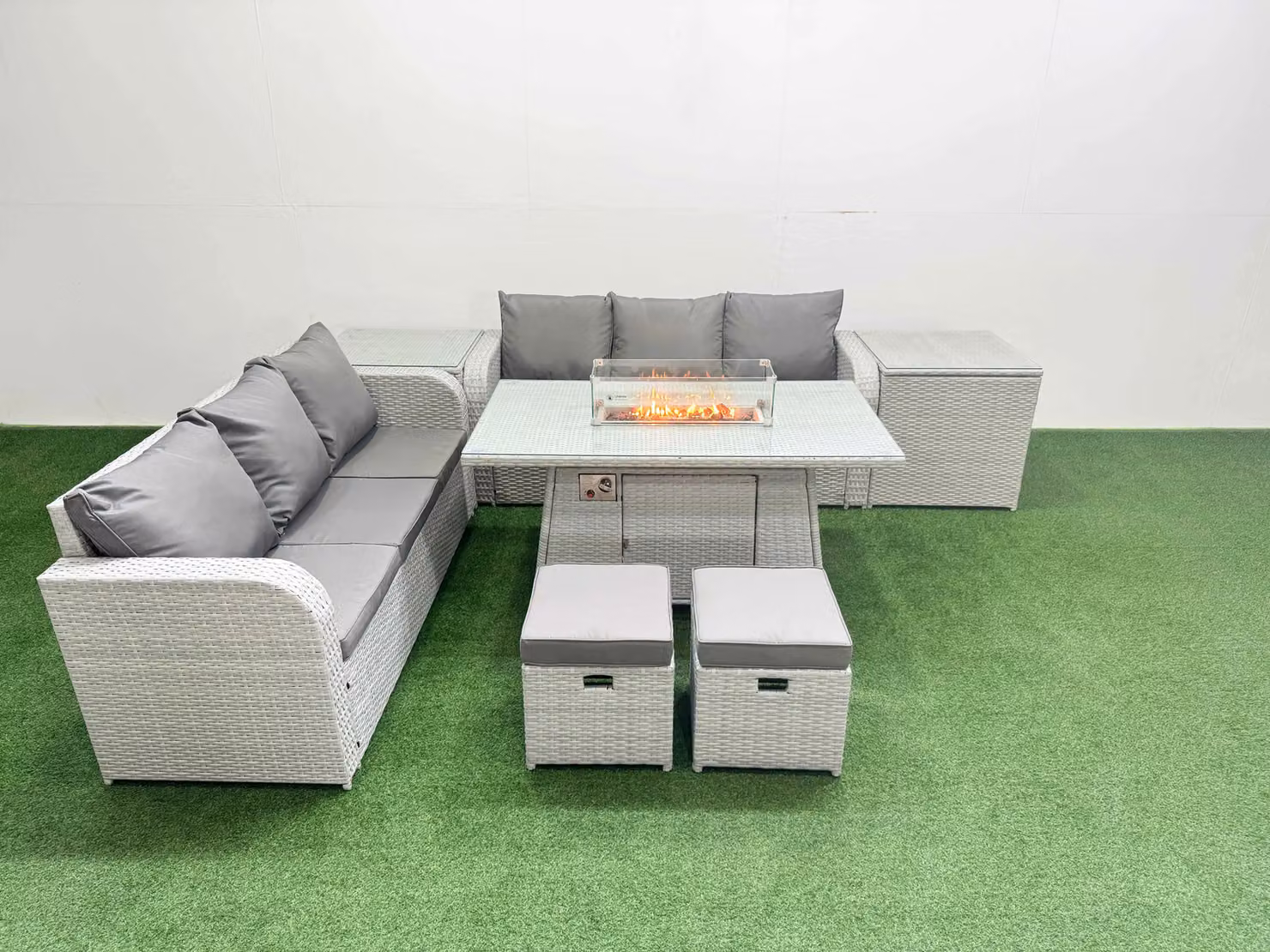 Fimous 8 Seater Grey Rattan Garden Furniture Set with L-Shape Sofa, Firepit Dining Table, Ottoman and Side Tables