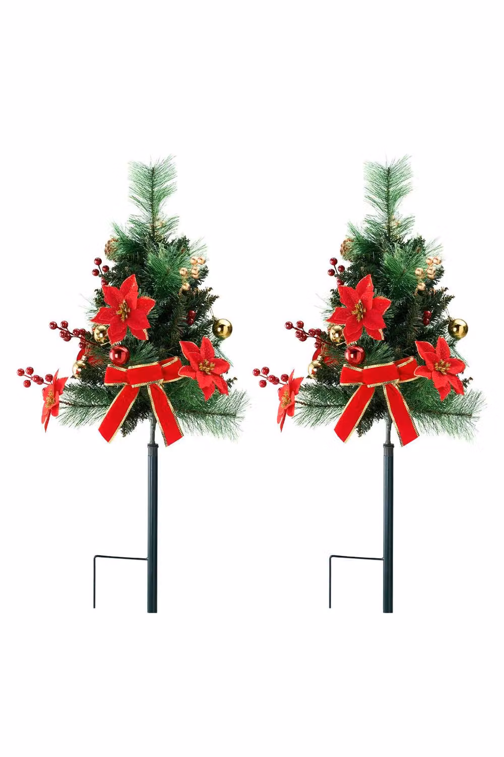 Living and Home 2-Piece Pre-Lit Artificial Christmas Tree Urn Filler with Poinsettia Flowers and Bows in Red, Gold and Multicolour – 4