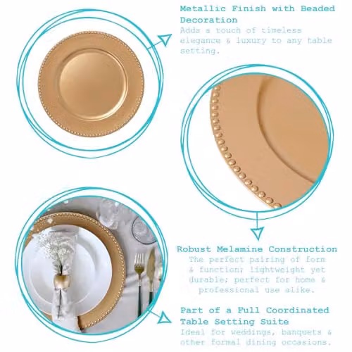 Argon Tableware Gold Melamine Bead Design Charger Plates, Pack of 6, Diameter: 33 cm – 4