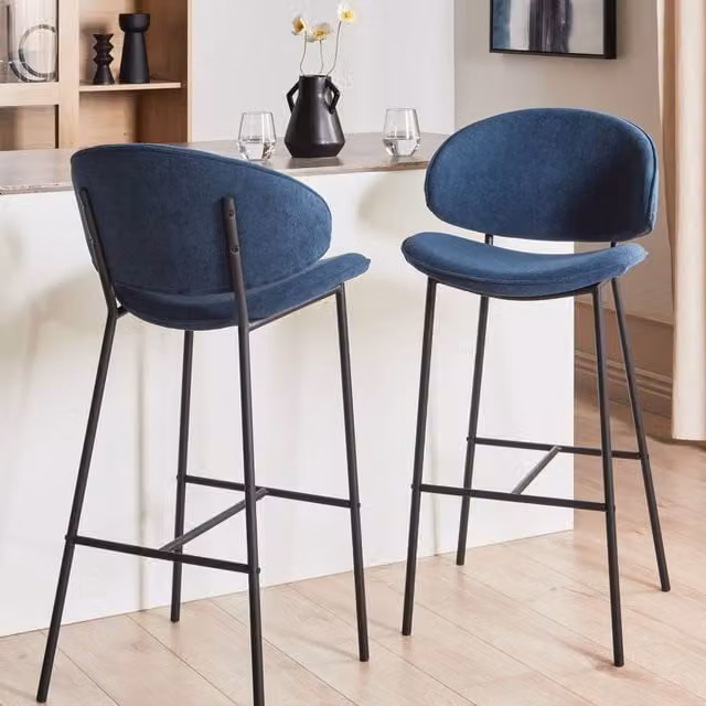 Wyld and Coco Set of 2 Navy Blue Armless Fabric and Metal Dining Bar Chairs – 1