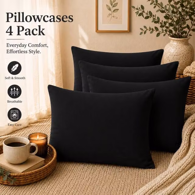 Pamposh Set of 4 Black 300 Thread Count Cotton Mako Satin Standard Pillow Cases