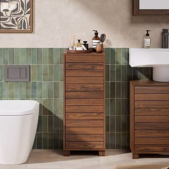 VonHaus Chester Freestanding Wood Effect Slim Bathroom Storage Cabinet in Dark Brown, H 83.5 x W 23.0 x D 34.0 cm