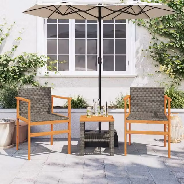 Berkfield Home Beautiful Garden Chairs, Set of 2, Grey Poly Rattan and Acacia Wood with Cushions