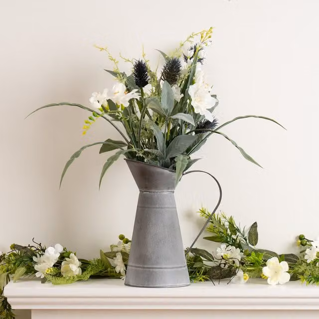Scottish Everlastings Ltd Mixed Floral Arrangement in a Grey Metal Jug, Height: 60 cm – 1
