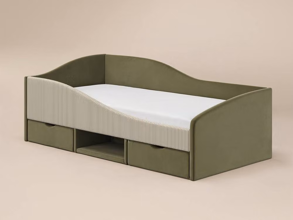 Flair Aubrey Single Velvet Storage Low Sleeper Bed with Beige Cord in Green – 2