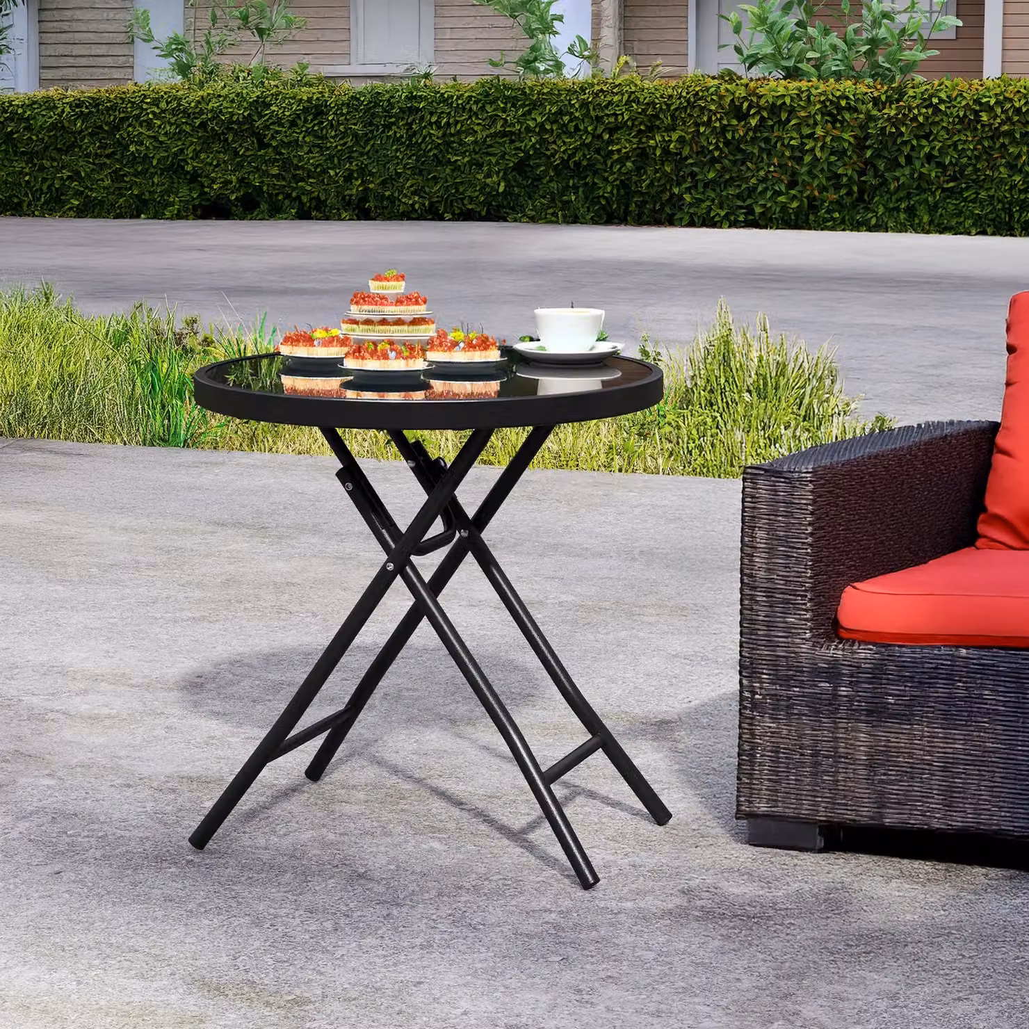 Marco Paul Black Circular Folding Garden Side Table with Metal and Glass Top, Diameter: 45 cm – 9