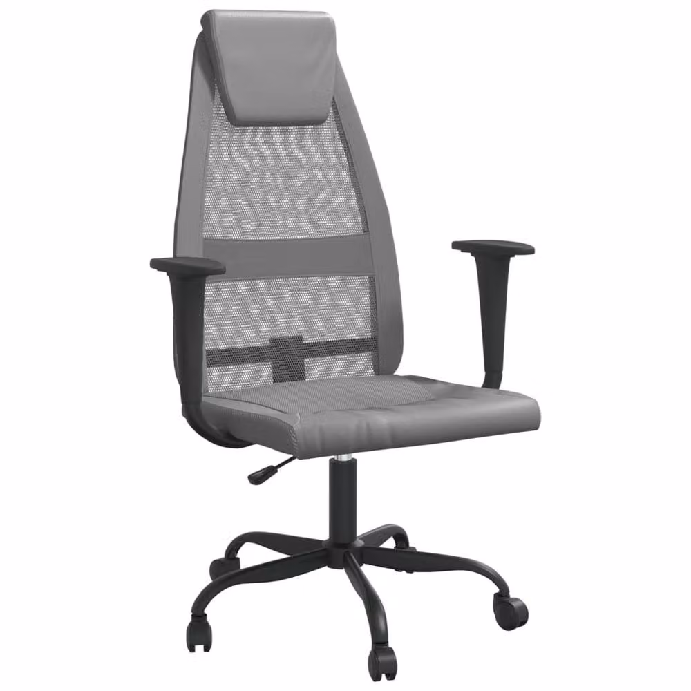 Berkfield Grey Mesh Fabric and Faux Leather Modern Home Office Task Chair with Headrest, Armrests and 360 Degree Swivel – 2