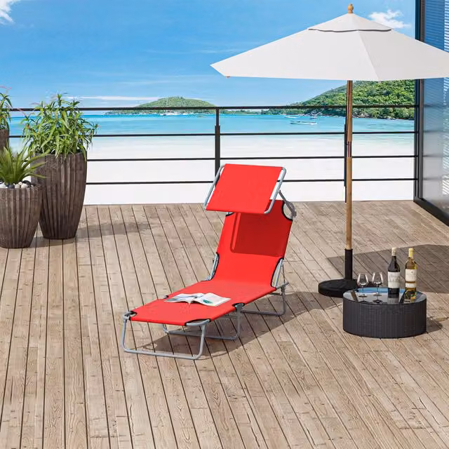 Outsunny Foldable Reclining Sun Lounger with Adjustable Sun Canopy in Red