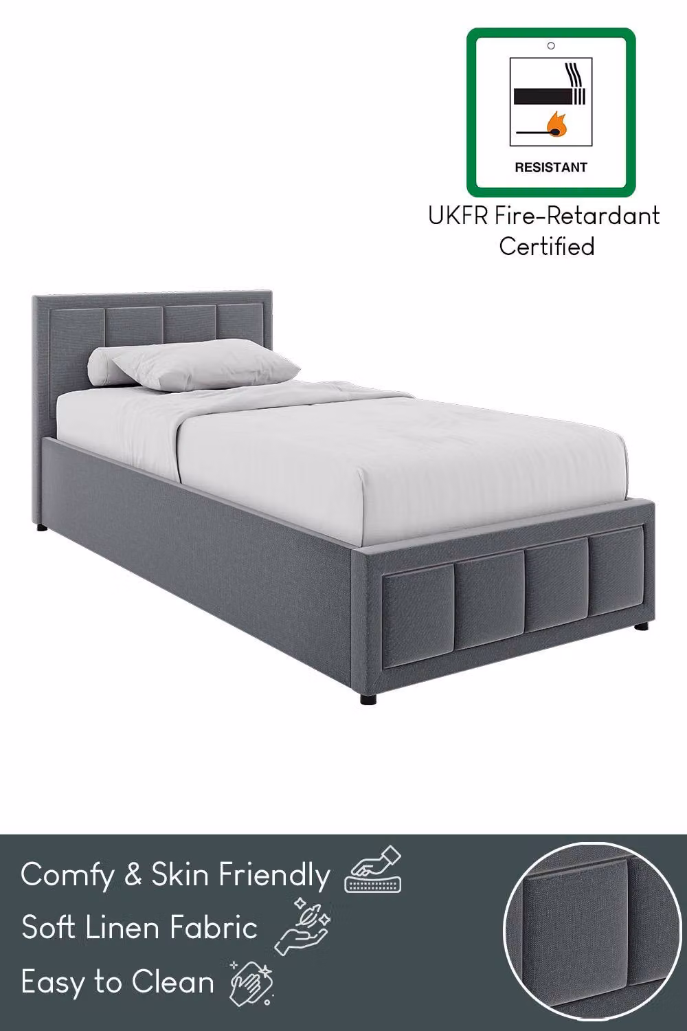 Vida Designs Vanita Single Ottoman Bed Frame in Light Grey Linen Fabric with Lift Up Storage Base – 3
