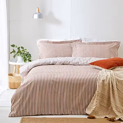 Yard Hebden Reversible Striped 100% Cotton Duvet Cover and Pillowcase Set, Brown, W/H: 137 x 200 cm